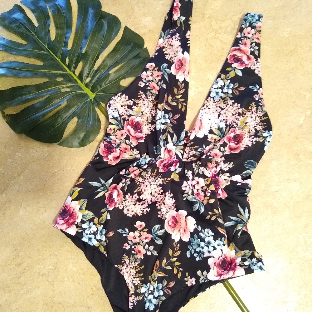 Tori Praver Andie black floral plunging one piece swimsuit